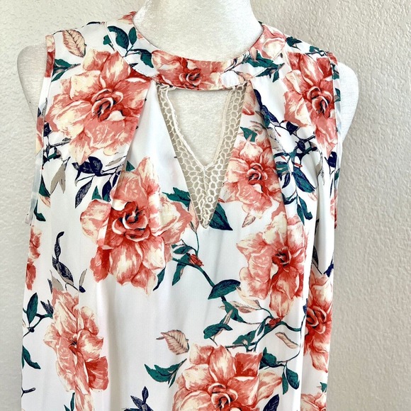 Peach Love Size Medium Pink Green Floral Ruffle Front Sun Dress Keyhole V Neck - Picture 2 of 13